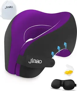 JIAAO Neck Pillow Airplane Ergonomic Memory Foam Travel Pillow with Adjustable Velcro, 3D Eye Masks, Earplugs & Portable Drawstring Bag, Black Purple Soft Premium