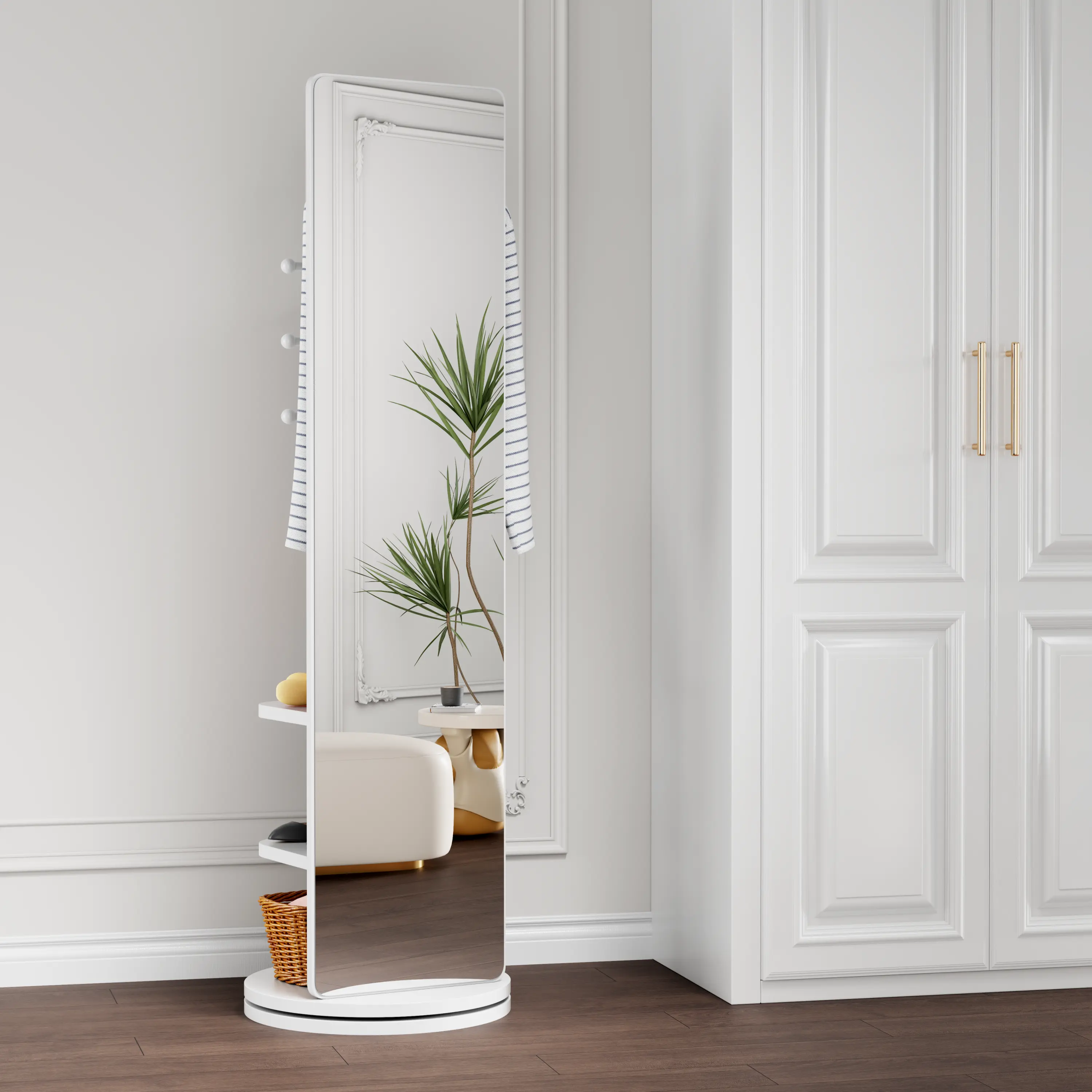 360° Rotating 65.7"x17.7" LED Full-Length Mirror with Hook Storage Rack Solid Rubberwood Coat Stand for Bedroom Living Room Space-Saving Design
