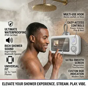 Shower Phone Holder IPX6 Waterproof with Wireless Bluetooth Speaker, 480 Rotation Phone Case Speakers for 4"- 7" Cell Phones, Hands-Free Shower Speaker, Wall Mounted Phoneholder for Mirror