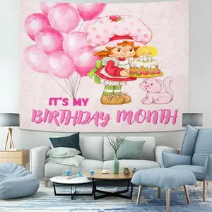 Strawberry Shortcake "It's My Birthday Month" Wall Tapestry,Pink Birthday Decor for Girls' Bedroom & Party Backdrop,Birthday Girl Exclusive Wall Decoration
