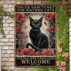 Salem Sanctuary Halloween Black Cat Decor Cat Lover Metal Sign Vintage Wall Art Gift