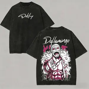 One Piece Donquixote Doflamingo Heavenly Yaksha Vintage Acid Washed Oversized Graphic T-Shirt, Pink Feather Coat Manga Line Art Double Print Heavyweight Cotton Y2K Streetwear, Retro Villain Aesthetic Casual Daily Unisex Short Sleeve Anime Merch Top For Me
