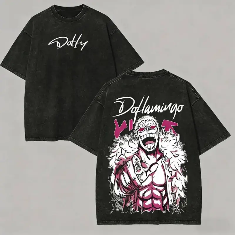 One Piece Donquixote Doflamingo Heavenly Yaksha Vintage Acid Washed Oversized Graphic T-Shirt, Pink Feather Coat Manga Line Art Double Print Heavyweight Cotton Y2K Streetwear, Retro Villain Aesthetic Casual Daily Unisex Short Sleeve Anime Merch Top For Me