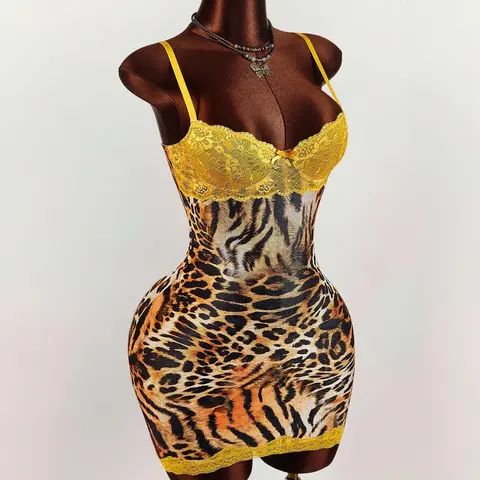 Women's Y2K Leopard Print Party Yellow Bodycon Mini Dress Sleeveless Going Out Party Dresses