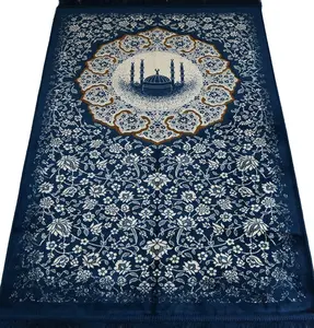 Plush Velvet Islamic Prayer Rug - Floral Mosque Blue