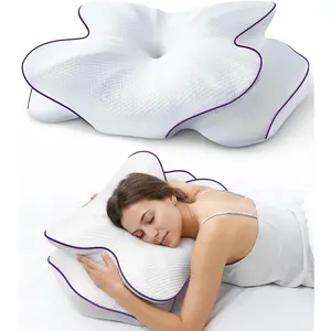 Memory Foam Cervical Pillow for Neck & Pain Relief, Butterfly Ergonomic – 24*15.75*5.7 Inches, Removable 100% Pillowcase, Suitable for Side & Back Sleepers (Purple)