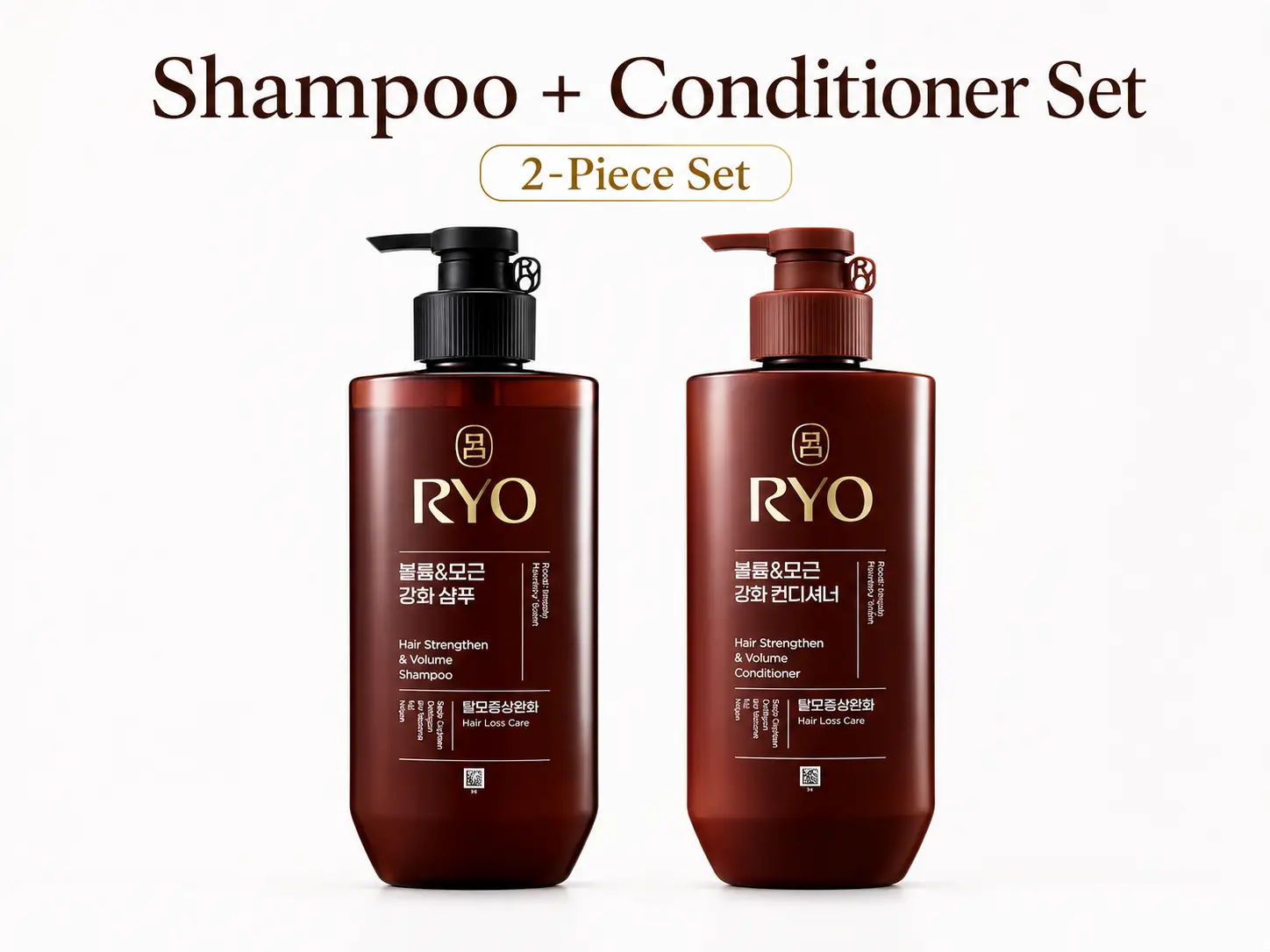 RYO Hair Strengthen & Volume Shampoo with Strengthen & Volume Conditioner 480 ml each | Korean Ginseng Haircare Set for Fine, Weak Hair | Strengthening & Volumizing K-Beauty Formula | Floral Woody Powdry Scent, Black Soybean, Collagen, Vegan