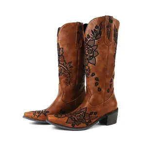 Womens Cowboy Block Heels Western Shoes Embroidery Floral Knee High Riding Boots