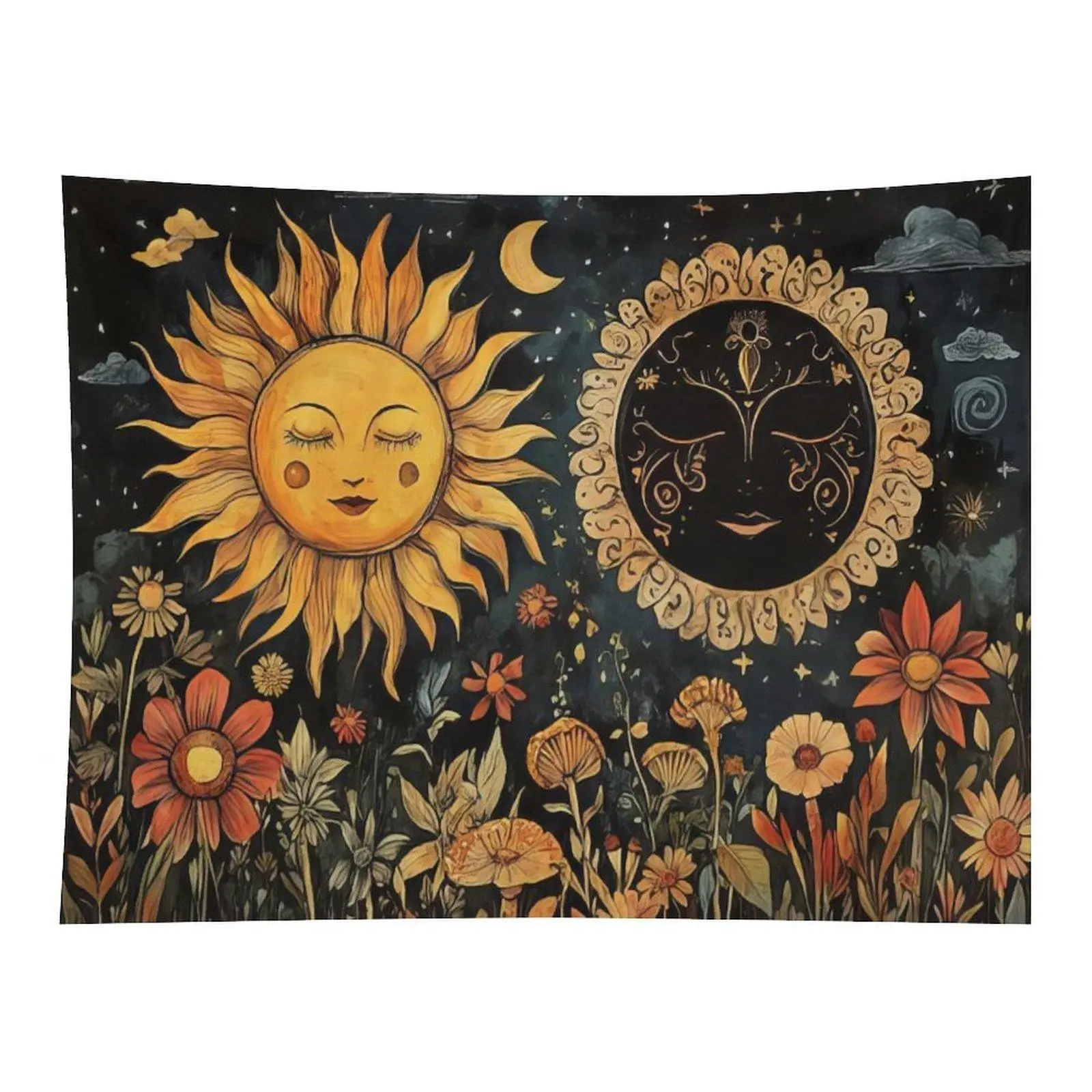 Retro Smiling Sun Moon Face Wildflower Wall Tapestry Wall Hanging, Dark Starry Sky Botanical Celestial Art Decor for Farmhouse Bedroom Dorm Party Backdrop
