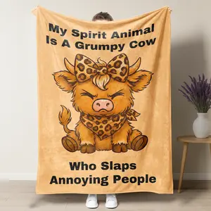 My Spirit Animal Is A Grumpy Highland Cow Fleece Blanket,Funny Leopard Print Bow Highland Cow Soft Warm All Season Blanket For Couch Bed And Lounge,Perfect Funny Gift For Cow Lovers And Sarcastic Friends
