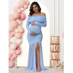 Maternity Elegant Off Shoulder Long Sleeve Dress Baby Shower Mesh Split Maxi Gown Photoshoot Dress