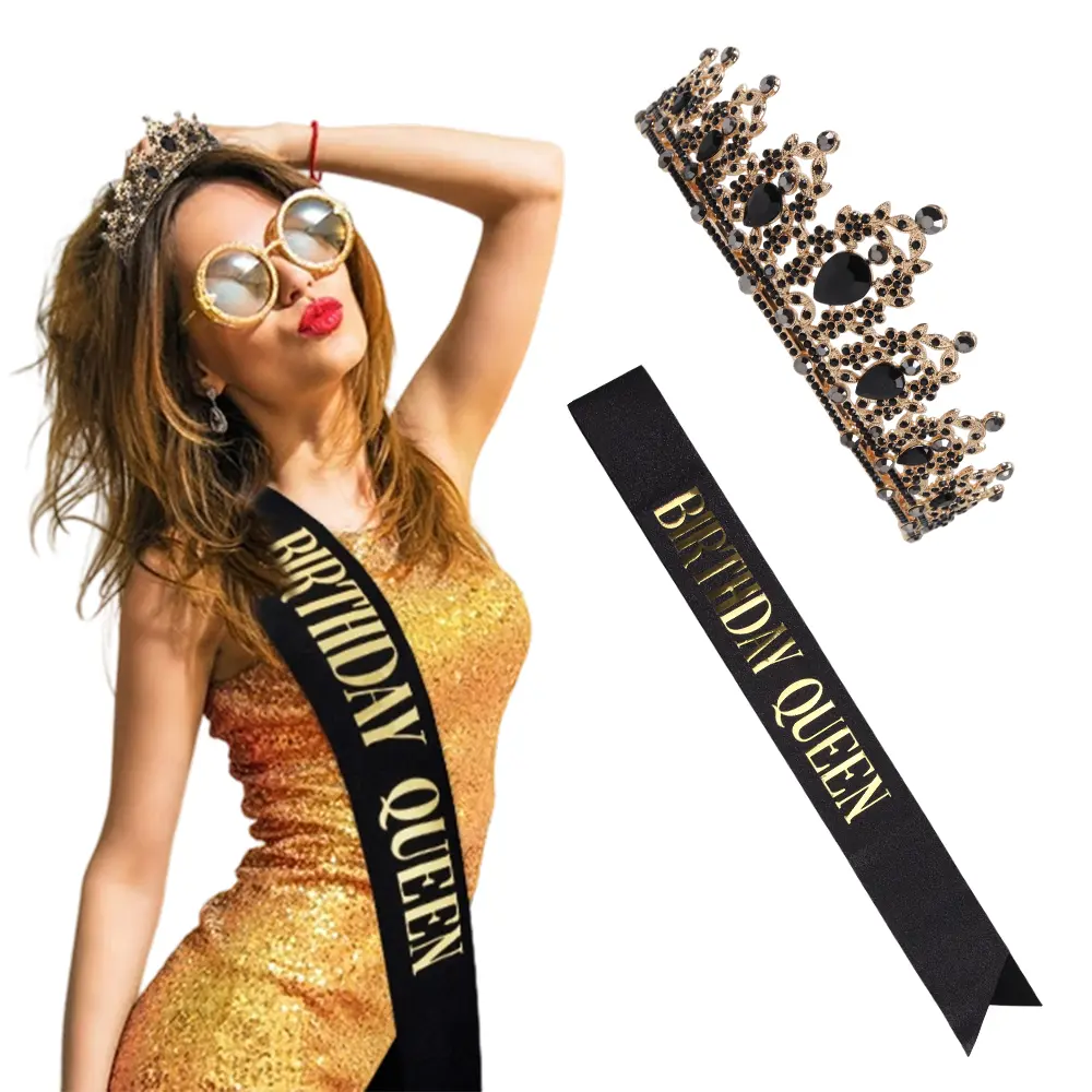 Queen Sash & Tiara - Black Gold Crown Birthday Sash and Tiara for Women Girls Princess Tiara Crown Birthday Accessories Glitter Sash - Home Improvement.