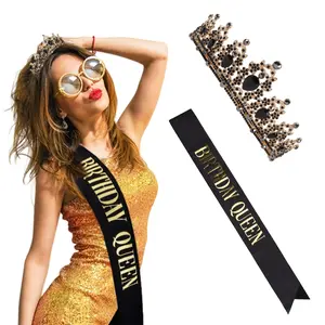 Queen Sash & Tiara - Black Gold Crown Birthday Sash and Tiara for Women Girls Princess Tiara Crown Birthday Accessories Glitter Sash - Home Improvement.