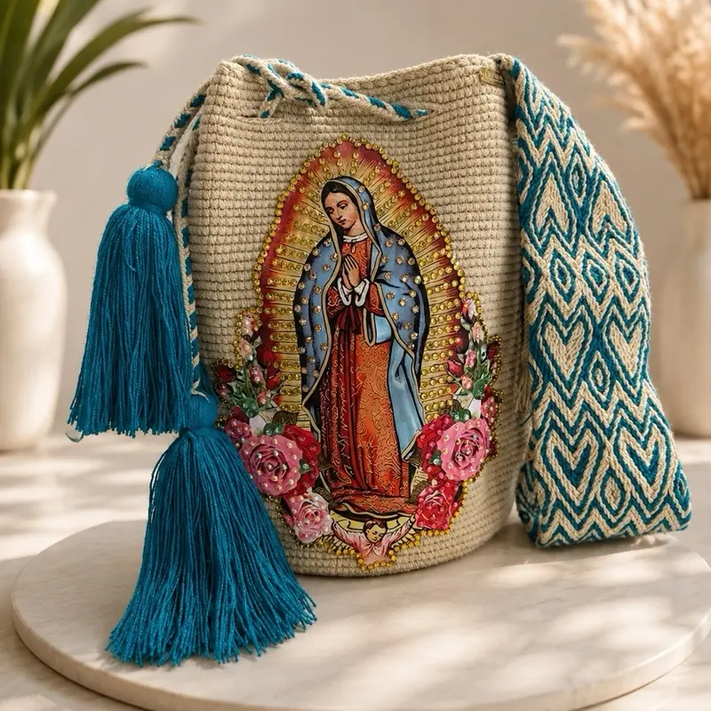 Large Wayuu Bag Virgin of Guadalupe  Decorated Details Handmade