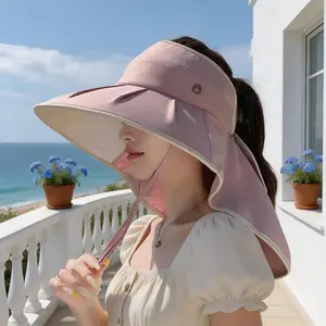 Women's UPF50+large brim empty top sun hat, with neck protection and color glue waterproof brim, suitable for daily commuting/beach travel