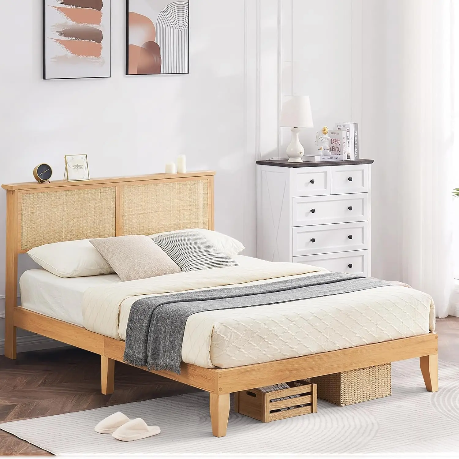 Queen Size Rattan LED Platform Bed Frame with Natural Headboard, Underbed Storage, No Box Spring Needed, Noise-Free Design, Easy Assembly (Christmas Gift Option)