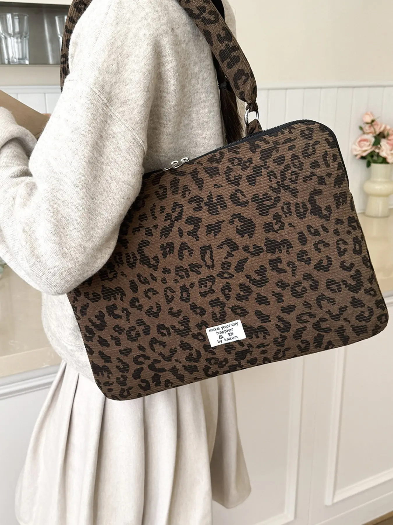 Korean Fashion Leopard Print Laptop Backpack, 2way Shoulder Crossbody Bag, 10-15.6 Inch Notebook Sleeve, Detachable Strap, iPad Case, Laptop Computer Bag, Laptop Bags, Backpack for Laptop, Backpacks for Laptops