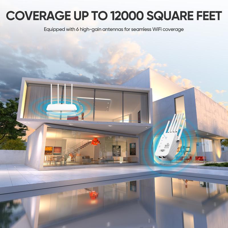 WiFi Extender 2026 6-Antenna 3000Mbps Dual Band 5GHz/2.4GHz Booster Covers 48000 sq ft 30 Devices Repeater Gigabit Port Al Connectivity Ideal for Home Studios Remote Workspaces VR Areas