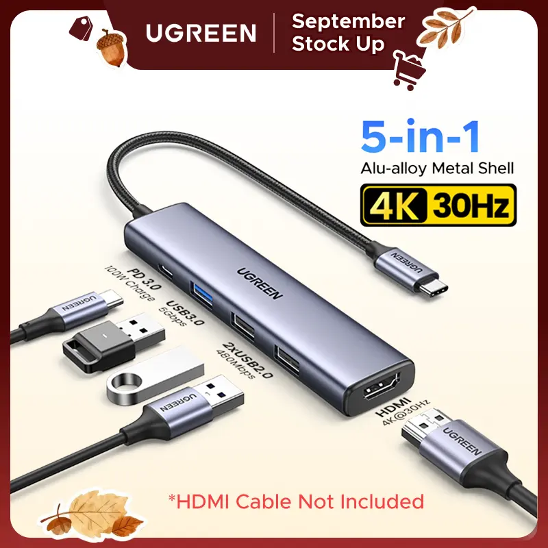 UGREEN 5-in-1 USB-C Hub Desk Accessory for Laptop Users - 4K Video Out Adapter, 100W Fast Charging PD, 3 USB-A Ports (HDMI Cable Not Included) Compatible with iPad Pro 2021/2022/2024/2025, iPhone 15/16/17 Series, MacBook, Samsung Galaxy S24-25, XPS
