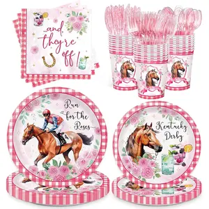 168 count Derby Party Supplies Include Plates Napkins Cups Disposable Tableware Set for 24 Guests  Horse Race Run for the Roses Themed Derby Decorations