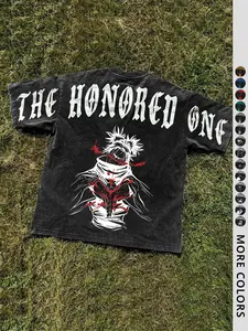 Men's Cotton Washed T-Shirt, Anime Print, Portrait and Letter Print, Casual Daily Wear, Comfortable Street Fashion, Aesthetic Streetwear