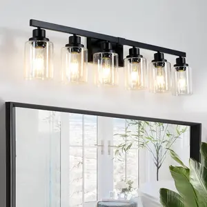 6-Light Black Vanity Lights 38'' Modern Bathroom Vanity Lighting Fixtures Above Mirror, Industrial Matte Bathroom Light Fixtures, Bath Wall Light Fixtures, Black Wall Sconces