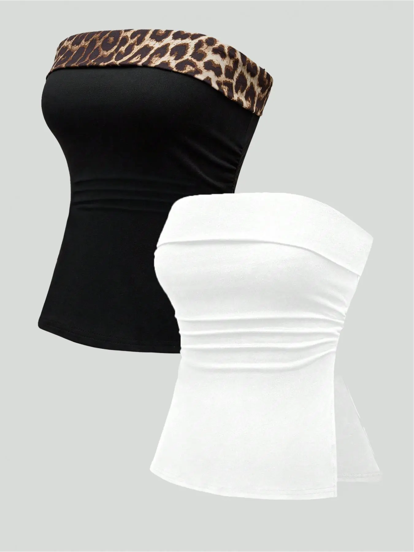 Women's Solid Color Sleeveless Tube Top & Leopard Print Bandeau Top, Casual Elegant Sleeveless Fashion Two-Piece Outfits for Daily Wear, Ladies Clothes for All Seasons, Casual Tank Top
