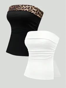 Women's Solid Color Sleeveless Tube Top & Leopard Print Bandeau Top, Casual Fashion Two-Piece Outfits for Daily Wear, Ladies Clothes for All Seasons