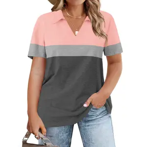 Women's Plus-Size Breathable Rayon V-Neck Collared Shortsleeve Polo Shirts - Summer Loose-Fitting Color Block Tees, Everyday Elegant Casual Clothes (Style 2149, Pi Matching), Collared Neck outdoorfun
