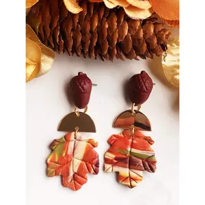 Gaia - Acorn Studs with Gold Half Circle & Marbled Clay Maple Leaves
