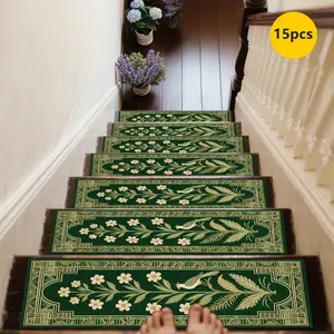 [Rubber Non-Slip Bottom] 15pcs Plant Vine Pattern Printed Stair Mats, Non-Slip Stair Carpets, Step Protection Carpets, Edging Stair Mats for Home Decoration, Indoor Room Supplies Bedside Additions Suitable for Indoor/Outdoor Stairs