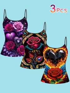 Women's Rose Heart Gemstone Printed Vest Set, Sweet Cool Style Top, Slim-Fitting Strapless Design, All Season Wear