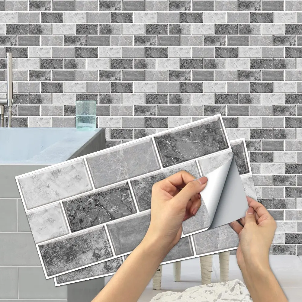 6/12/24/48 PCS FG Retro Tile Stickers Light & Dark Grey Marble Pattern PVC Crystal Film Self-Adhesive Waterproof Oil-Proof Splashback for Kitchen Bathroom Floor Tile Wood Home Decoration