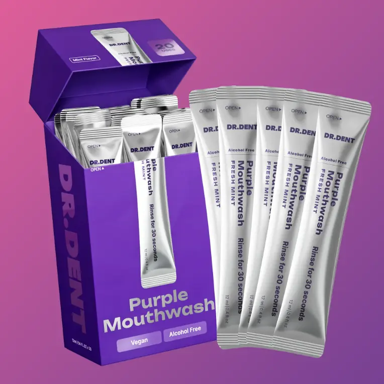 DR.DENT Purple Oral Mouthwash Sachets, 20-Pack - Sensitive Whitening, Daily Gentle Care - Peroxide-Free, Alcohol-Free, Vegan Peppermint Fresh - Mouth Freshening for Long-Lasting Fresh Breath