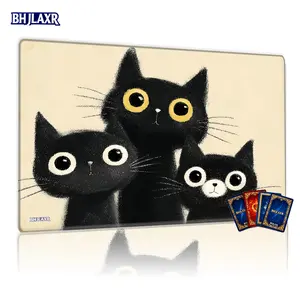 Cute Cartoon Black Cats TCG MTG Playmat 12x24inch Non-Slip, Soft Pastel Background for Card Game Enthusiasts, Perfect for Family Gatherings & Great Gift