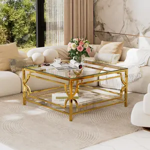 Modern Square Coffee Table Glass Coffee Table with Gold Finish Frame, Luxury 2-Tier Coffee Center Table with Clear Glass Top & Lower Shelf for Living Room Apartment