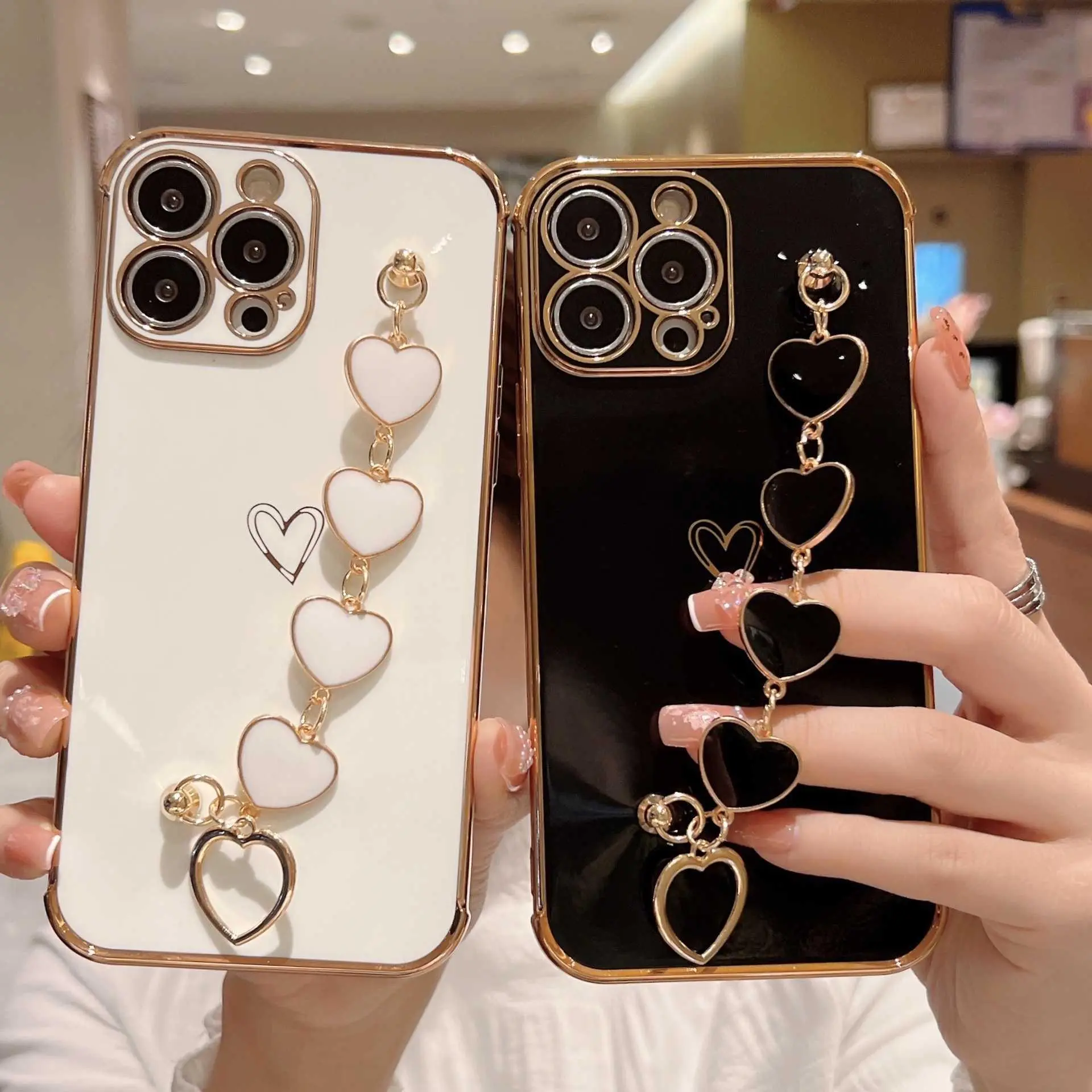 For iPhone 17 Pro Max Phone Case Electroplated Heart For iPhone 16 Cover For iPhone 15 Cover For iPhone 14 Bracelet For iPhone 13 HNAC09PLQWE