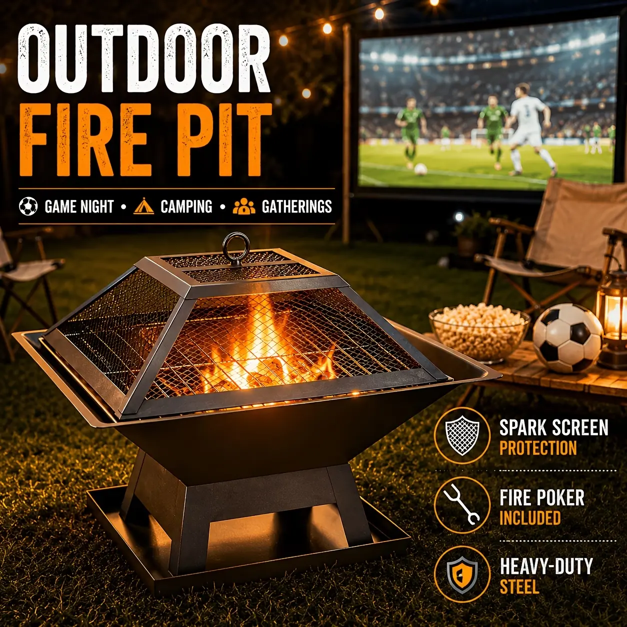 Outdoor Fire Pits - Heavy-Duty Iron Single Unit with Spark Screen, Fire Poker, Ideal for Backyard Parties, Garden Party, Barbecue Gatherings