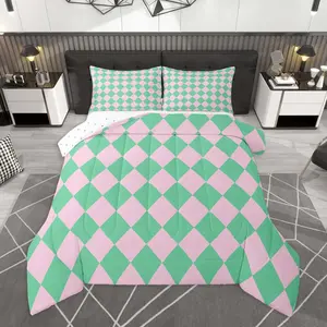Diamond Plaid Comforter Set Buffalo Check Grid Bedding Set for Kids Boys Girls Classic Checked Green Pink Duvet Quilt Bedroom Decor Microfiber