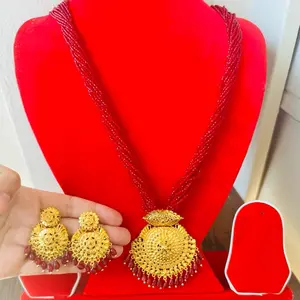 Gold Plated Set with Maroon Hydro Potey Necklace and Earrings Jewelry Set