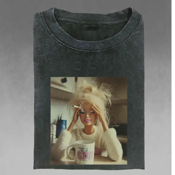 [SALE 60%] Messy Bun Doll Coffee Shirt, Funny Tired Mom Meme T-Shirt, Hungover Doll Graphic Tee, GTFO Coffee Mug Shirt, Acid Wash Streetwear T-Shirt