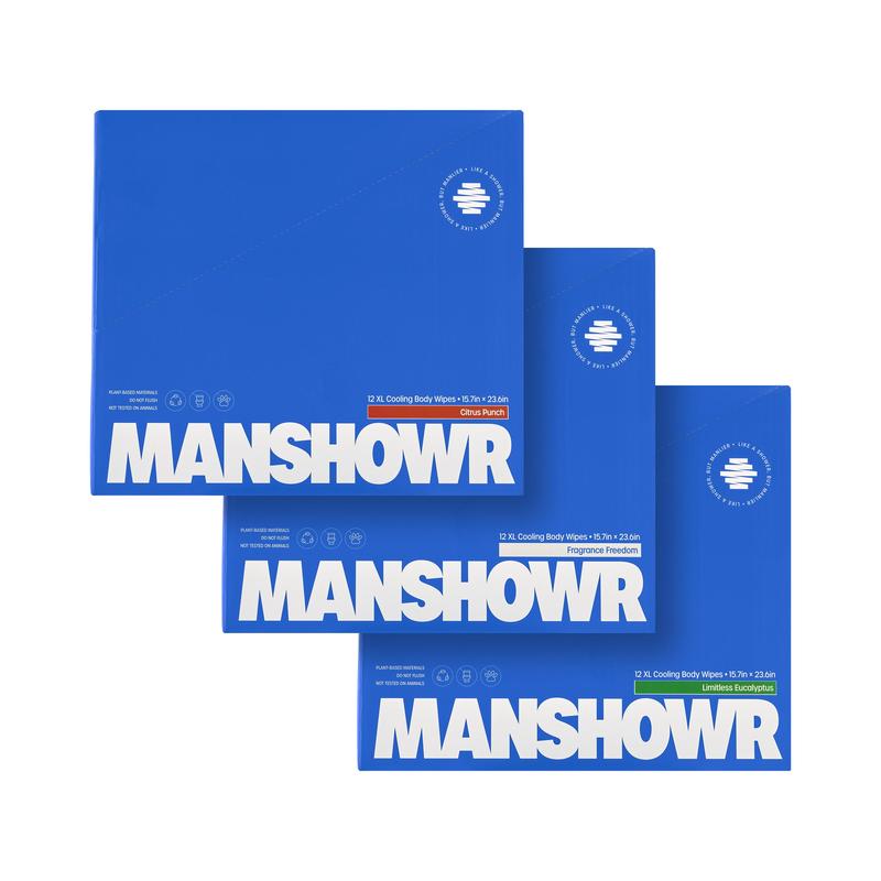 Manshowr XL Cooling Body Wipes (23inx16in) - The Field Mix - 3 Box Variety Bundle (36 Wipes)