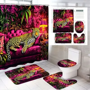 1/4pcs Tropical Leopard Shower Curtain Set - Magenta Pink Jungle Bathroom, Restroom Decor, Black Gold Spotted Leopard on Pink Couch with Green Foliage, Matching Toilet Lid Cover & 2 Bath Mats - Bathroom Accessories for Spring Summer Festive Vibes