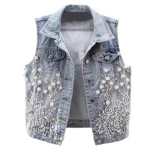 Women’s Denim Vest 2024 Pearl Fashion Ripped Autumn Jeans Jacket Sleeveless Loose Short Coat Casual Waistcoats Outerwear Tops