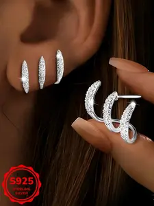 New S925 Sterling Silver Zircon Three-Claw Curved Ear Studs for Women, Unique Style High-Quality Earrings for Daily Wear and Music Festivals