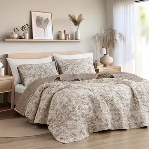 SHALALA Floral Quilt Queen Size,Cotton Quilt Bedding Set for Queen Bed,Lightweight Taupe&amp;White Bed Cover,3pcs Soft Printed Bedspread and Coverlet for All Season(90"x90",Taupe&amp;White)