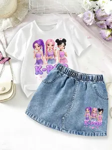Easter Limited Edition! Girl K-Pop Energy Short Sleeve T-Shirt + Denim Skirt Set, Korean Sweet Style Kids Clothing, Super Eye-Catching