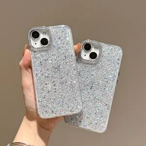 Sparkling Metal Ring Phone Case, High Gloss Silver Color Resin Cover for iPhone 16 15 14 13 12, Stylish Protective Accessory