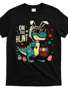 Men'S Funny Easter T-Rex T-Shirt - Soft Crew Neck Tee with Bunny Ears, "On the Hunt" Graphic - Lightweight Shirt for Easter Egg Hunt, Birthday Party Outfit - Machine Washable Black Dinosaur Costume Apparel for Adults - Funny Gift for Him, Holiday Celebrat
