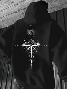 Men's Compass Print Fleece Hoodie, Unisex Casual Versatile Pullover, Fall & Winter Fashion, Moderate Fabric, Fitted Style, Graphic Print Hoodie
